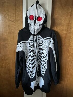 Men's Black Skeleton Zip-Up Hoodie Jacket with Red Eye Accents #0004